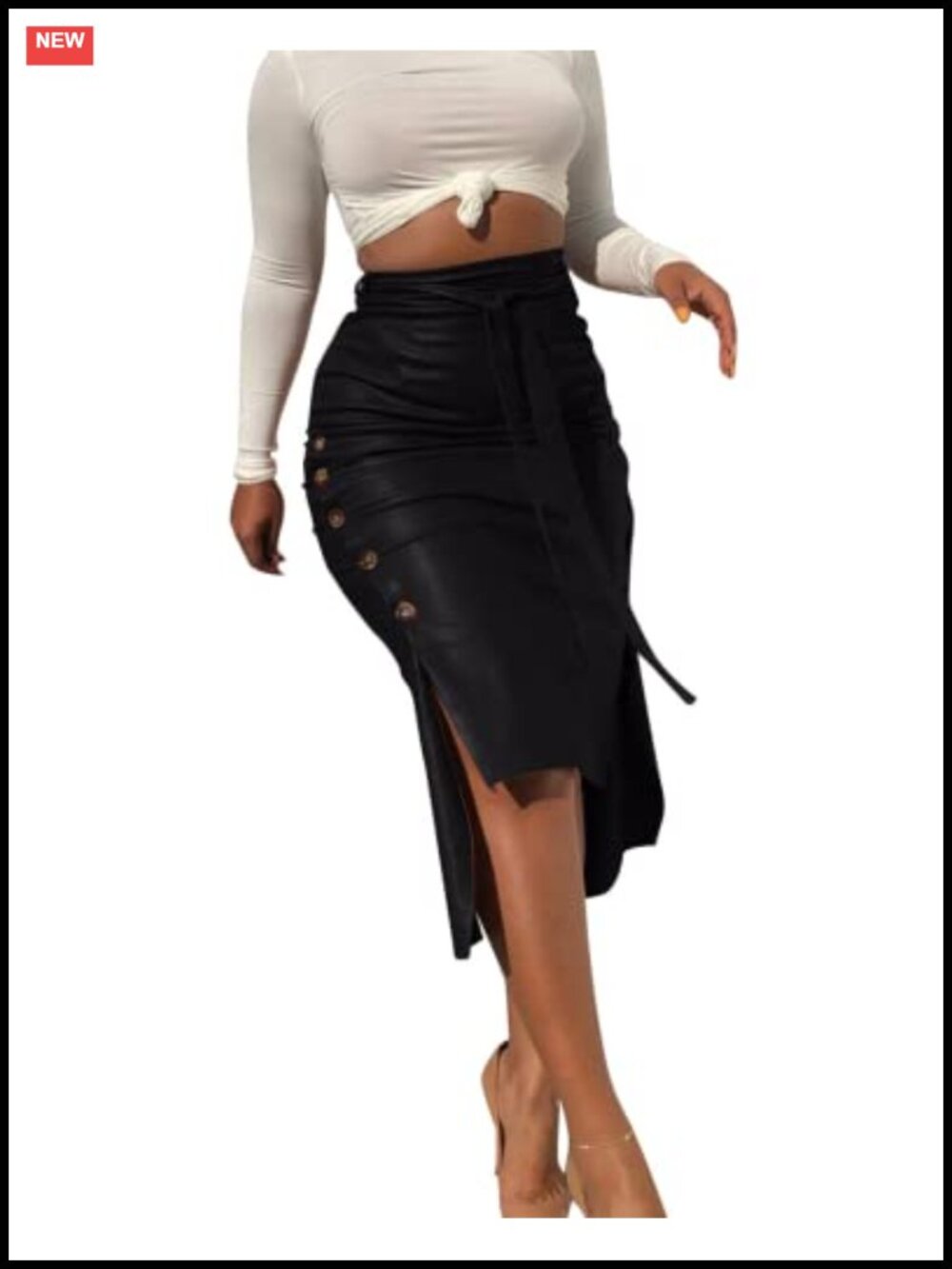 Faux Leather High Waisted Belted Pencil Midi Skirt Side Button Slit